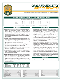 Oakland Athletics Post Game Notes