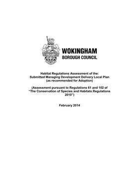 Habitat Regulations Assessment of The: Submitted Managing Development Delivery Local Plan (As Recommended for Adoption)