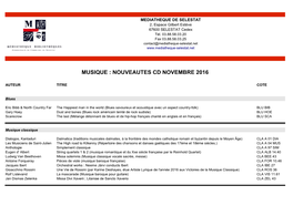 Musique : Nouveautes Cd Novembre 2016