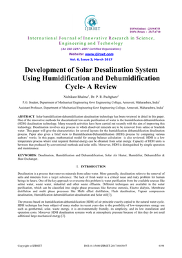 Development of Solar Desalination System Using Humidification and Dehumidification Cycle- a Review