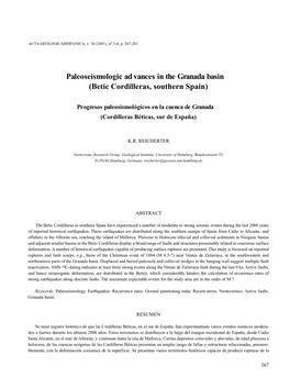 Paleoseismologic Ad Vances in the Granada Basin (Betic Cordilleras, Southern Spain)