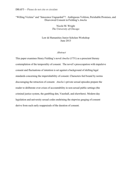 Willing Victims” and “Innocence Unguarded”?: Ambiguous Volition, Perishable Promises, and Disavowed Consent in Fielding’S Amelia