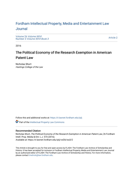 The Political Economy of the Research Exemption in American Patent Law