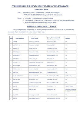 Proceedings of the Deputy Director (Education), Ernakulam