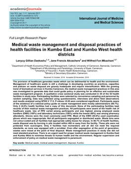 Medical Waste Management and Disposal Practices of Health Facilities in Kumbo East and Kumbo West Health Districts