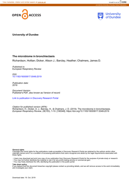 The Microbiome in Bronchiectasis Richardson, Hollian; Dicker, Alison J.; Barclay, Heather; Chalmers, James D