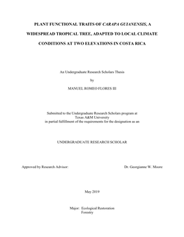 Plant Functional Traits of Carapa Guianensis, a Widespread Tropical Tree, Adapted to Local Climate Conditions at Two Elevations in Costa Rica