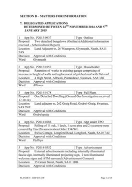 SECTION B – MATTERS for INFORMATION 7. DELEGATED APPLICATIONS DETERMINED BETWEEN 24 NOVEMBER 2014 and 5 JANUARY 2015 1 Ap