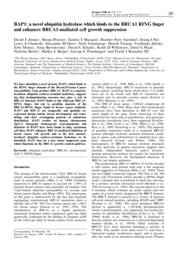 BAP1: a Novel Ubiquitin Hydrolase Which Binds to the BRCA1 RING ®Nger and Enhances BRCA1-Mediated Cell Growth Suppression