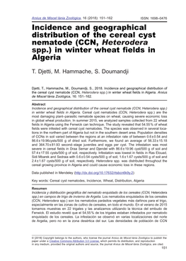 (CCN, Heterodera Spp.) in Winter Wheat Fields in Algeria