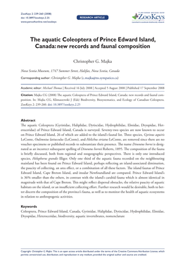 The Aquatic Coleoptera of Prince Edward Island, Canada: New Records and Faunal Composition