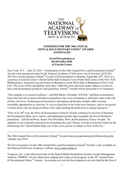 NOMINEES for the 36Th ANNUAL NEWS & DOCUMENTARY EMMY AWARDS ANNOUNCED Award Presentation at David Geffen Hall at Lincoln