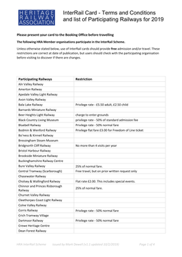 Interrail Card - Terms and Conditions and List of Participating Railways for 2019