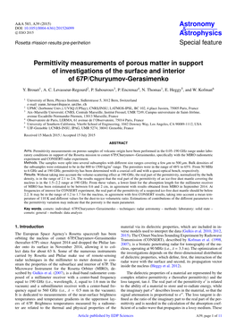 Permittivity Measurements of Porous Matter in Support of Investigations of the Surface and Interior of 67P/Churyumov-Gerasimenko