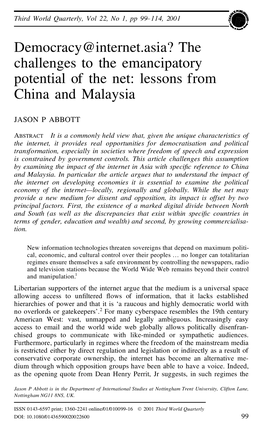 Democracy@Internet.Asia? the Challenges to the Emancipatory