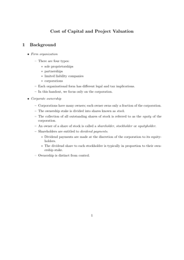 Cost of Capital and Project Valuation 1 Background