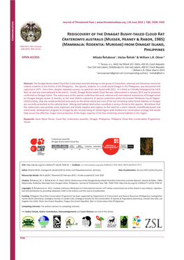 Rediscovery of the Dinagat Bushy-Tailed Cloud Rat Crateromys Australis (Musser, Heaney & Rabor, 1985) (Mammalia: Rodentia: Muridae) from Dinagat Island, Philippines