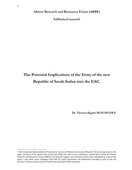 The Potential Implications of the Entry of the New Republic of South Sudan Into the EAC