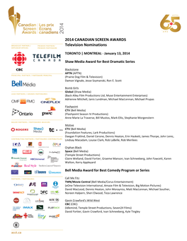2014 CANADIAN SCREEN AWARDS Television Nominations