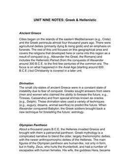 UNIT NINE NOTES: Greek & Hellenistic