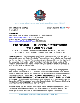 Pro Football Hall of Fame Intertwined with 2018 Nfl Draft Presence in Dallas and Cleveland on Thursday; Browns to Make Day 3 Picks from Canton; and Fan Celebration