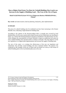 Does a Higher Real Estate Tax Rate for Unbuild Building Sites Lead to an Increase in the Supply of Building Land – the Case of the City of Espoo