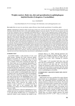 Weighty Matters: Body Size, Diet and Specialization in Aphidophagous Ladybird Beetles (Coleoptera: Coccinellidae)