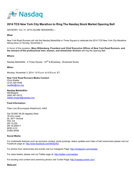 2014 TCS New York City Marathon to Ring the Nasdaq Stock Market Opening Bell