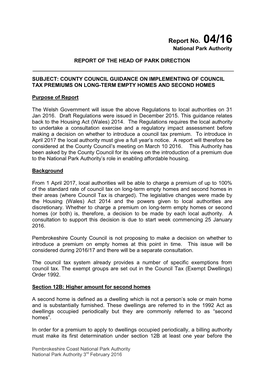 Pembrokeshire Coast National Park Authority National Park Authority 3Rd February 2016 Beginning of the Financial Year to Which the Premium Relates