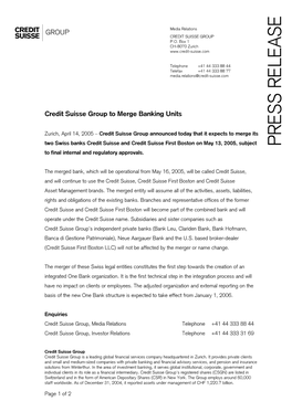 Credit Suisse Group to Merge Banking Units