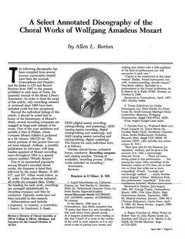A Select Annotated Discography of the Choral Works of Wolfgang Amadeus Mozart
