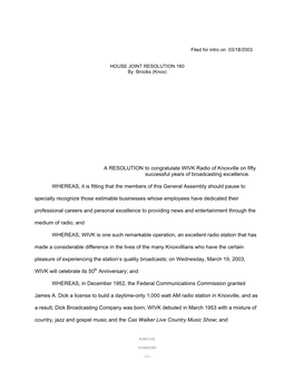 A RESOLUTION to Congratulate WIVK Radio of Knoxville on Fifty Successful Years of Broadcasting Excellence