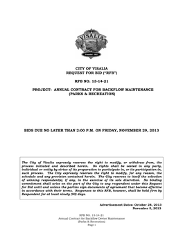 City of Visalia Request for Bid (“Rfb”) Rfb No. 13-14-21 Project: Annual Contract for Backflow Maintenance (Parks &