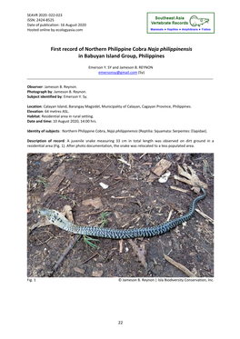 First Record of Northern Philippine Cobra Naja Philippinensis in Babuyan Island Group, Philippines