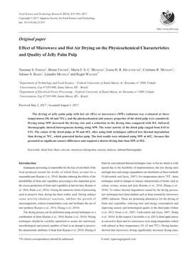 Original Paper Effect of Microwave and Hot Air Drying on the Physicochemical Characteristics and Quality of Jelly Palm Pulp