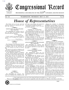 Congressional Record United States Th of America PROCEEDINGS and DEBATES of the 115 CONGRESS, SECOND SESSION