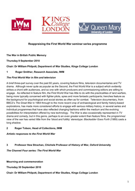 Reappraising the First World War Seminar Series Seminar Abstracts