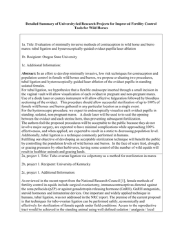 Detailed Summary of University-Led Research Projects for Improved Fertility Control Tools for Wild Horses 1A. Title: Evaluation