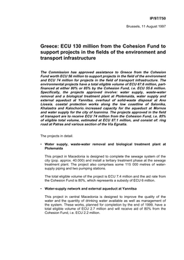 Greece: ECU 130 Million from the Cohesion Fund to Support Projects in the Fields of the Environment and Transport Infrastructure