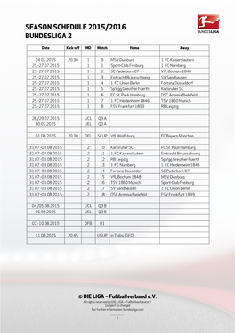 Bundesliga 2 Season Schedule 2015/2016