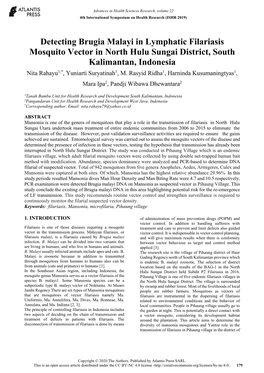 Detecting Brugia Malayi in Lymphatic Filariasis Mosquito Vector in North Hulu Sungai District, South Kalimantan, Indonesia Nita Rahayu1,*, Yuniarti Suryatinah1, M