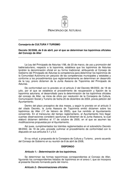 Consejería De CULTURA Y TURISMO Decreto 30/2008, De 8 De Abril, Por