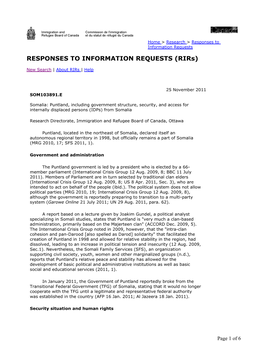 Puntland, Including Government Structure, Security, and Access for Internally Displaced Persons (Idps) from Somalia