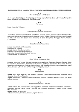 Suddivisione Delle Localita' Della Provincia Di Alessandria Nelle Regioni Agrarie