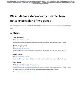 Plasmids for Independently Tunable, Low-Noise Expression of Two Genes