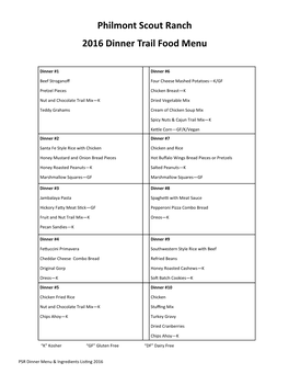 Philmont Scout Ranch 2016 Dinner Trail Food Menu