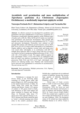 Asymbiotic Seed Germination and Mass Multiplication of Taprobanea Spathulata (L.) Christenson (Asparagales: Orchidaceae): a Medicinally Important Epiphytic Orchid