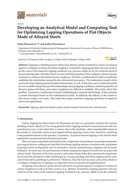 Developing an Analytical Model and Computing Tool for Optimizing Lapping Operations of Flat Objects Made of Alloyed Steels