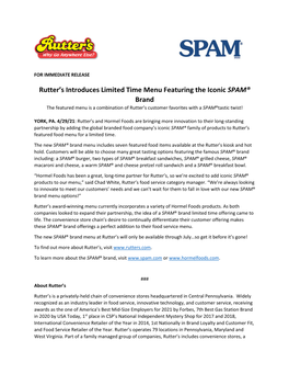 Rutter's Introduces Limited Time Menu Featuring the Iconic SPAM® Brand