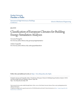 Classification of European Climates for Building Energy Simulation Analyses Giovanni Pernigotto Free University of Bozen-Bolzano, Italy, Giovanni.Pernigotto@Unibz.It